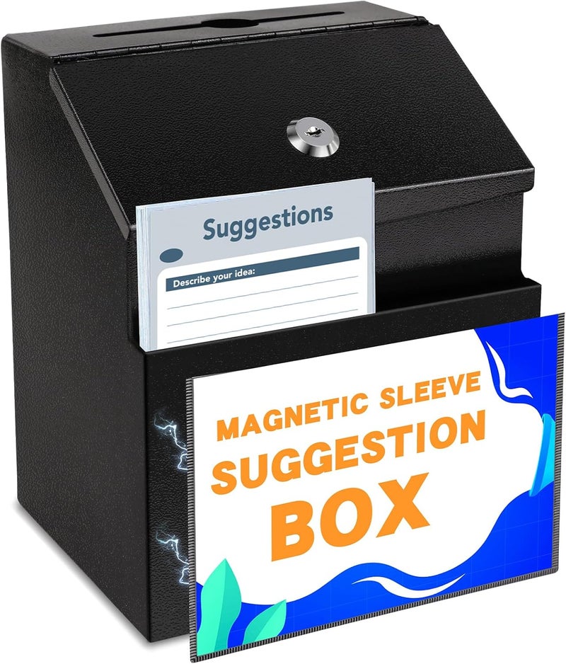 LINSIRON Suggestion Box with Slot and Lock Metal 8.4 x 5.8 x 7.0 inch Built-In Storage Compartment with Magnetic Sign Holder 50 Suggestion Cards Tip Jar Ballot Voting Prayer Comment Mailbox Teacher - Image 1